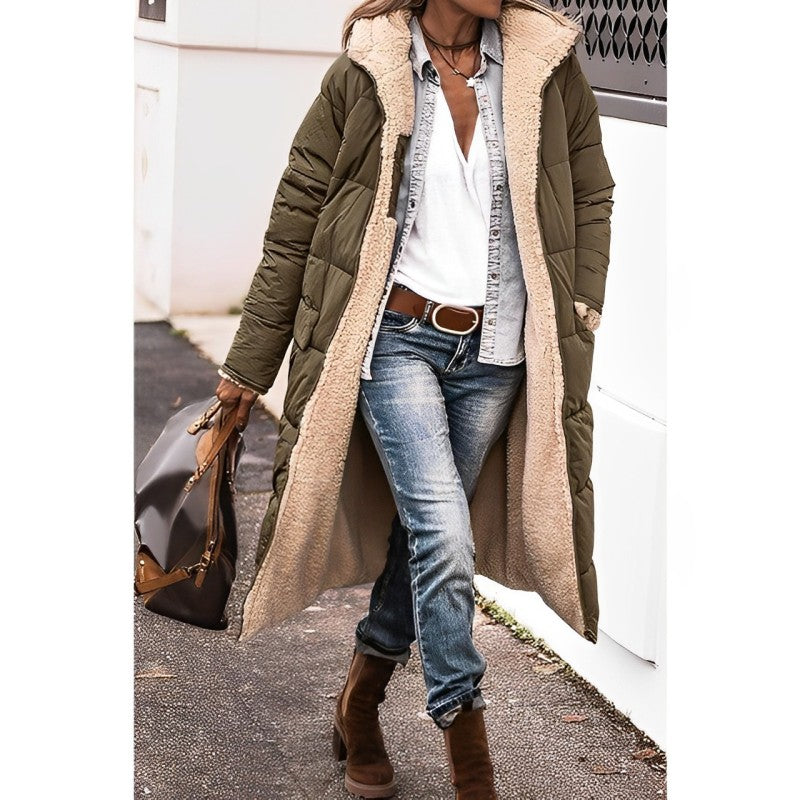 Dame Lang Vendbar Vinterkåpe med Hette og Teddyfôr