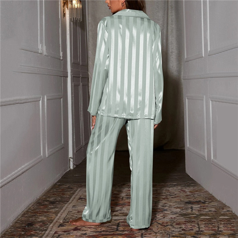 Dame Satengpyjamas med Brystlomme og Elastisk Linning