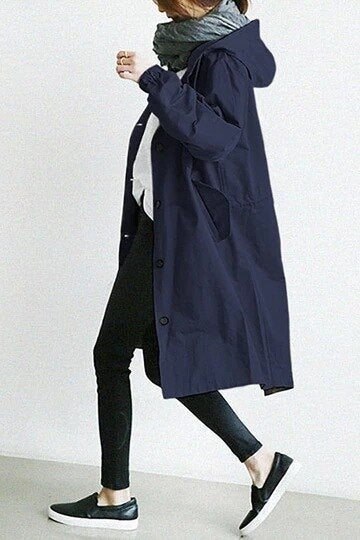 Dame Lang Trenchcoat med Hette til Overgangssesongen