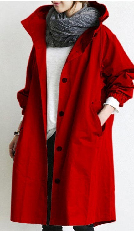 Dame Lang Trenchcoat med Hette til Overgangssesongen
