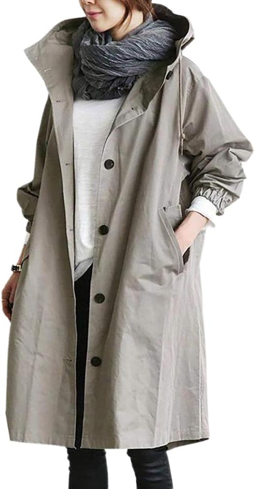 Dame Lang Trenchcoat med Hette til Overgangssesongen