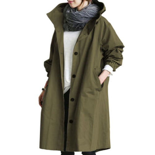 Dame Lang Trenchcoat med Hette til Overgangssesongen