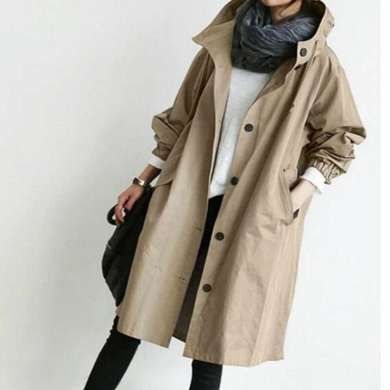 Dame Lang Trenchcoat med Hette til Overgangssesongen