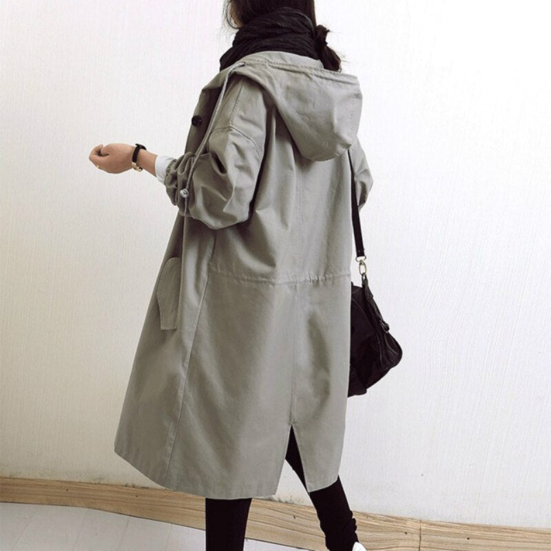 Dame Lang Trenchcoat med Hette til Overgangssesongen