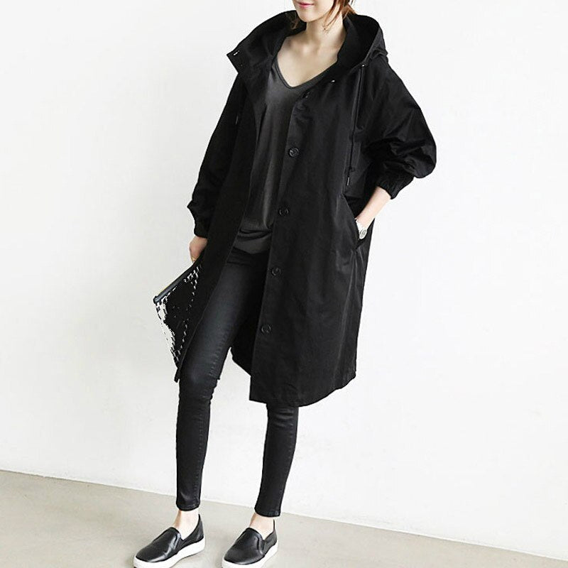 Dame Lang Trenchcoat med Hette til Overgangssesongen