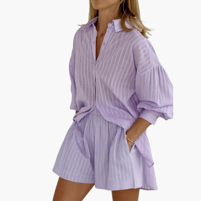 Dame Button-Down To-delt Sett – Kortermet Topp og Vide Bukser