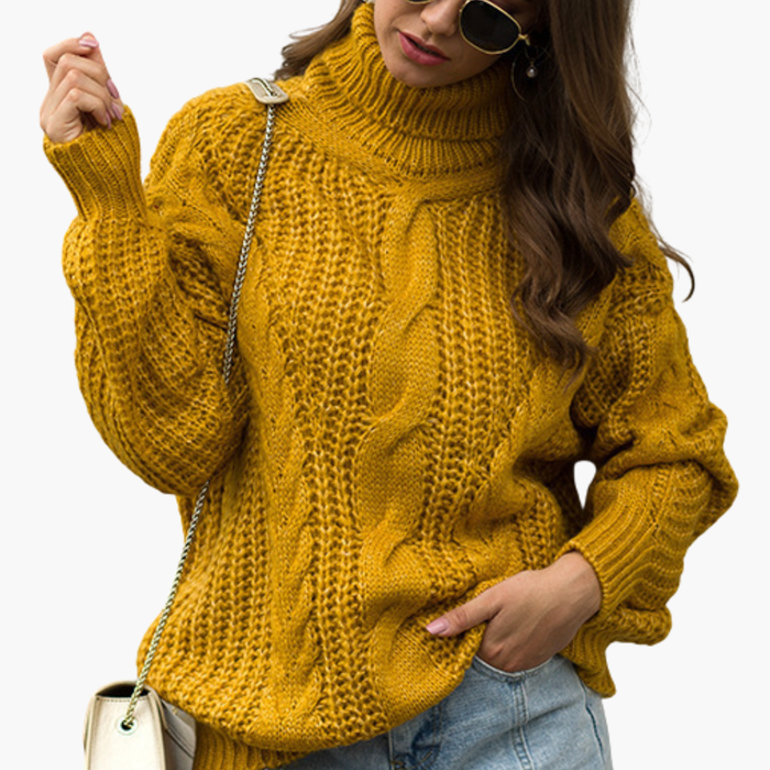 Dame Kabelstrikket Turtleneck Genser med Lange Ermer