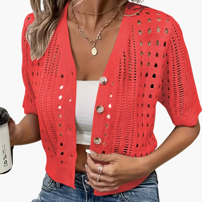 Kvinnes Cardigan med Hult Strikk og Kort Erme Design