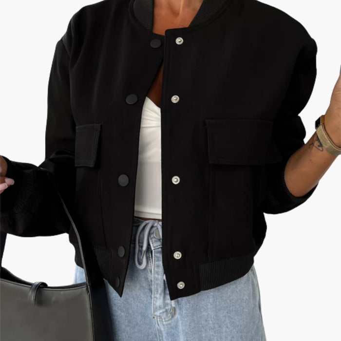 Dame Klassisk Polyester Blandings Bomberjakke med Lommer