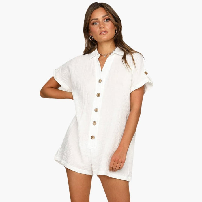 Dame Jumpsuit med Krage, Knapper foran, Rullede Ermer og Lommer