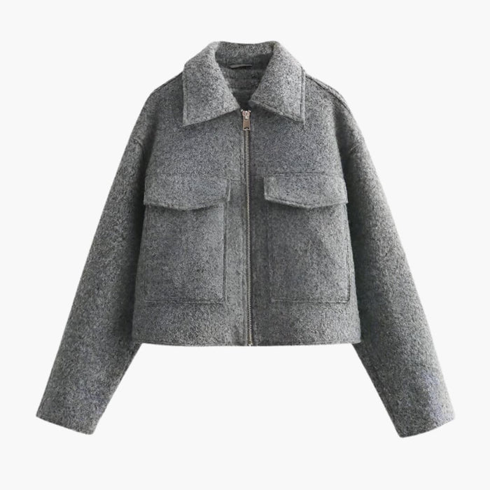 Kvinne Cropped Bomberjakke med Slåkrage og Glidelås Front