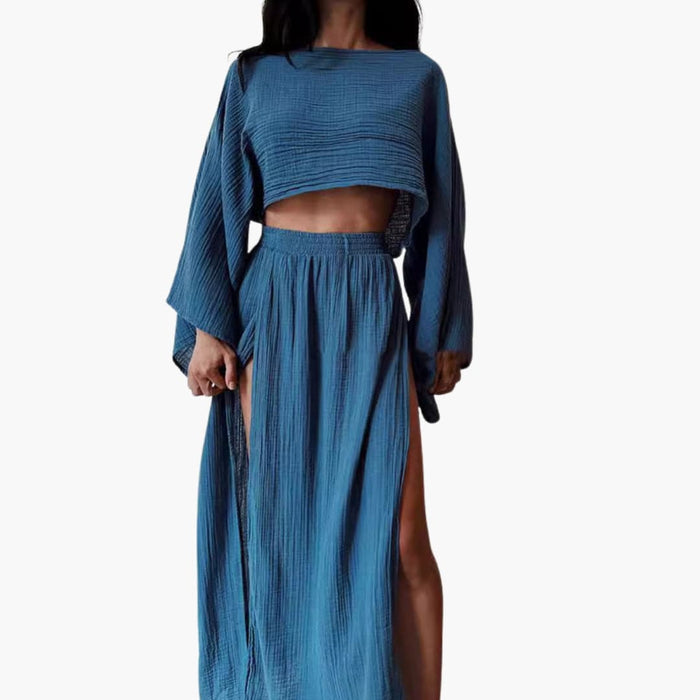 Dame Cropped Topp og Splitt Maxi Skjørt Sett – To-Delt Outfit