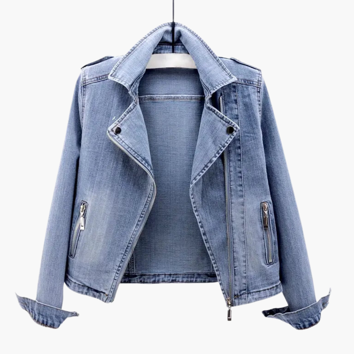 Dame Denim Jakke med Slagskrage og Glidelåslommer