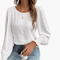 Kvinne Embrodert Crew Neck Bluse – Langermet Løs Passform Vevd Topp med Elastiske Mansjetter
