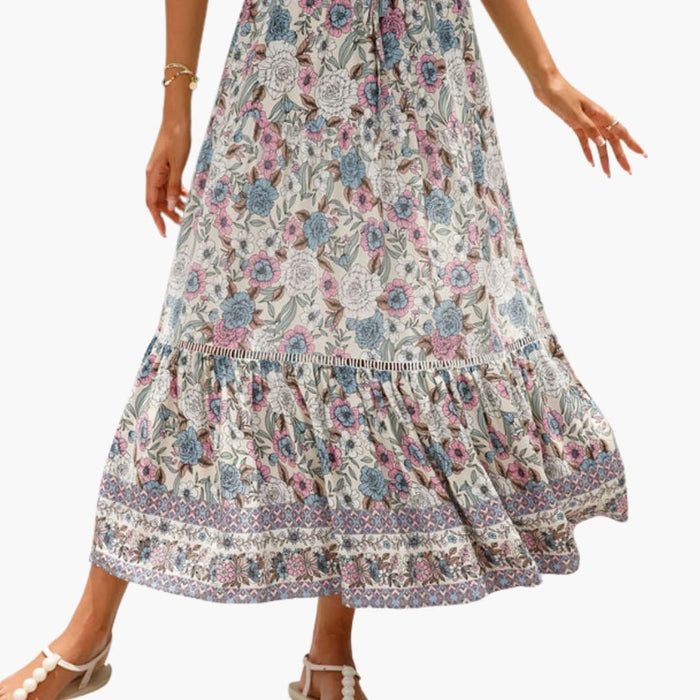 Kvinnes Floral Midi Skjørt med Elastisk Liv