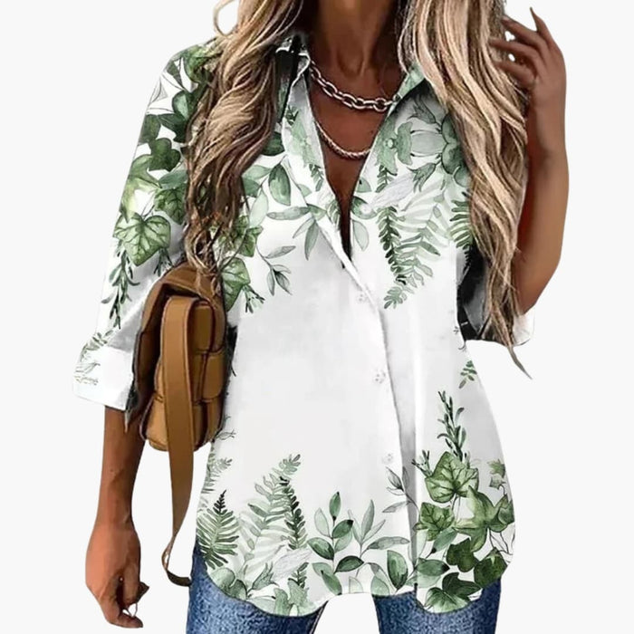 Damebluse med Blomsterprint og 3/4 Ermer – Vevd Topp