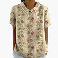 Kvinnes Blomstermønster Crew Neck Bluse – Kortermet Bomullsblanding Vevd Topp
