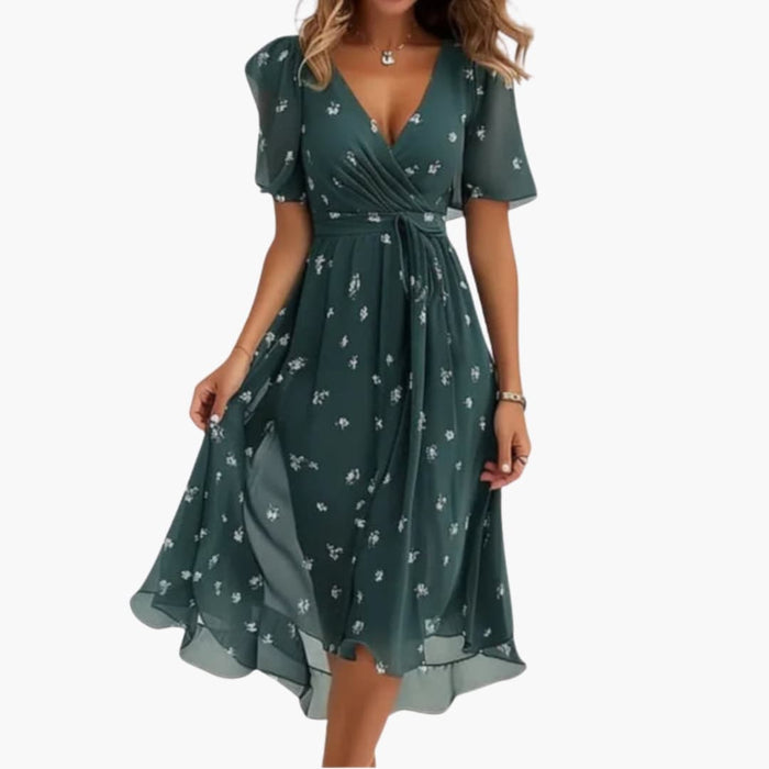 Kvinne Floral V-Hals Midi Kjole med Korte Ermer