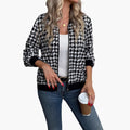 Dame Houndstooth Bomberjakke med Glidelås foran og Elastiske Mansjetter