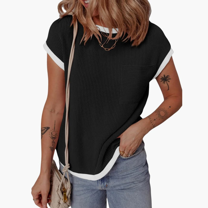 Dame Strikket Crew Neck T-skjorte med Kontrastpanel og Korte Ermer