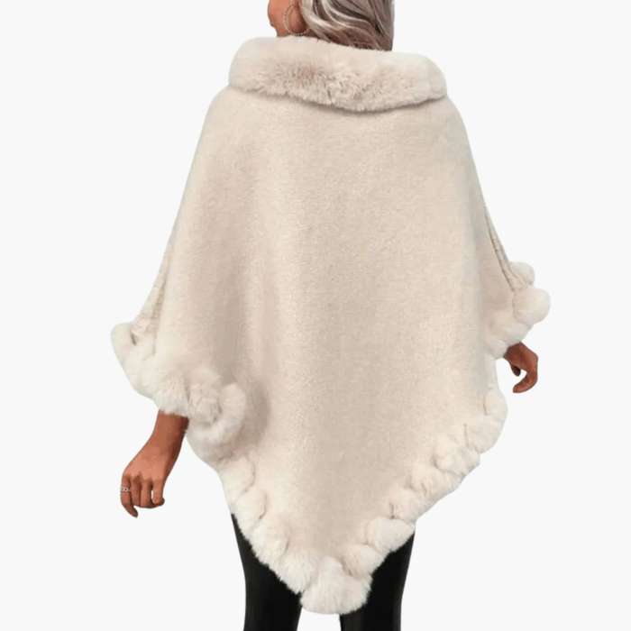 Dame Strikket Poncho med Pelskant og Oversized Passform