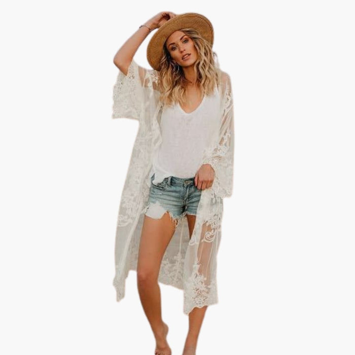 Kvinne Lace Top med Åpen Front og Korte Ermer