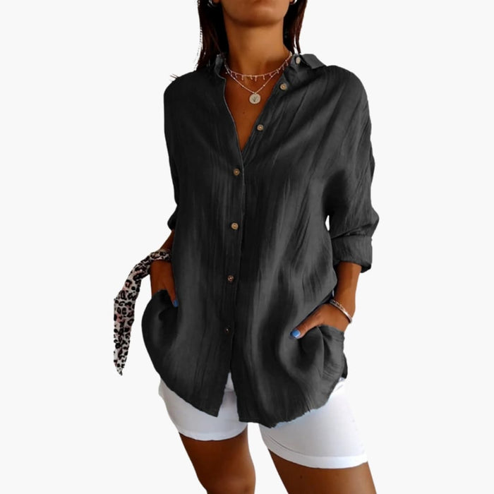 Kvinnes Langline Knappefront Bluse – Vevd Topp