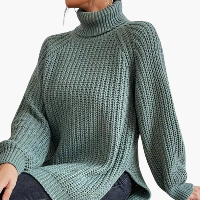Dame Loose-Fit Turtleneck Genser med Lange Ermer og Ribbestrikk