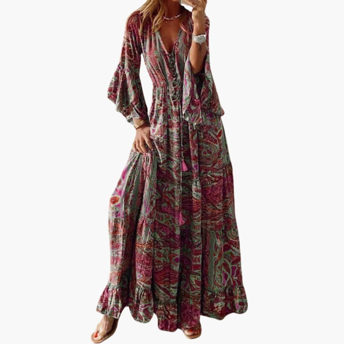 Kvinnes Maxi Kjole med Paisley Trykk og Trompet Ermer