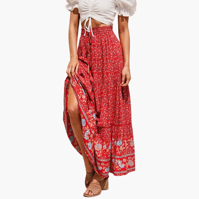 Kvinnens Maxi Skjørt med Elastisk Midje og Blomstertrykk