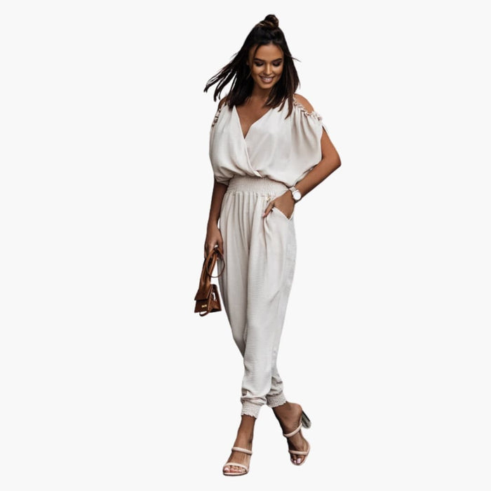 Dame Jumpsuit med Åpne Skuldre, Innviket V-Hals og Rett Ben