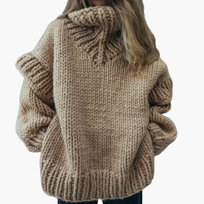 Kvinnes Oversized Turtleneck Genser med Ribbstrikk og Lange Ermer