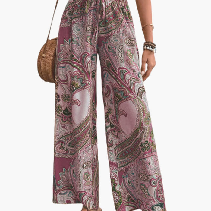 Dame Palazzo Bukser med Paisley Trykk og Elastisk Midjebånd