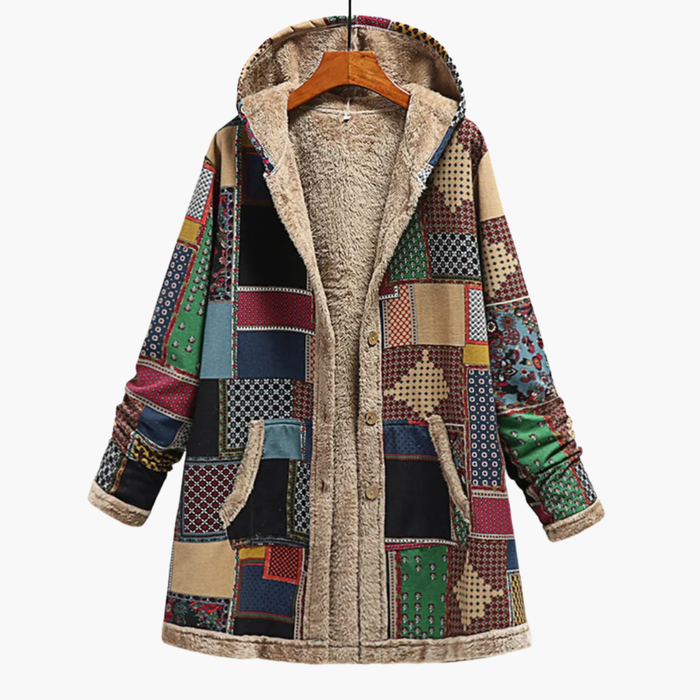Dame Patchwork Overcoat med Myk Fôr og Hette