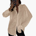 Dame Plus Size Glitter Bluse – Langermet Rund Hals Shimmer Vevd Topp