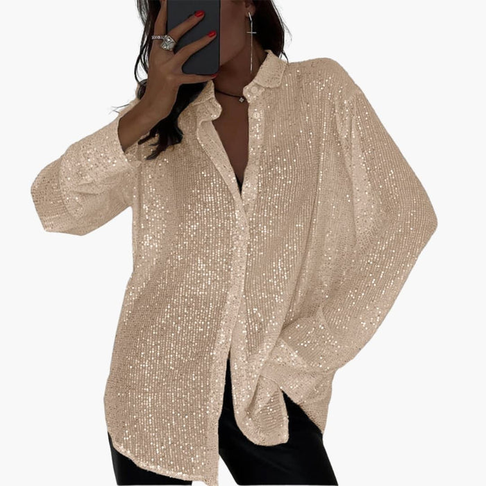 Dame Plus Size Glitter Bluse – Langermet Rund Hals Shimmer Vevd Topp
