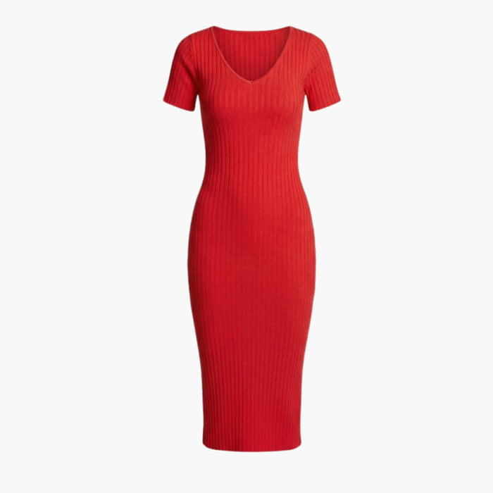 Dame Ribbet Midi Kjole med Slim Fit og Lange Ermer