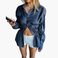 Damebluse med Volanger – Langermet Ensfarget Vevd Topp