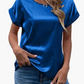 Damebluse med satenglook – Løs passform, kortermet, pyntet topp