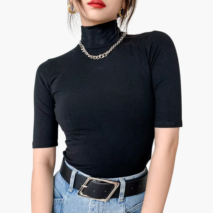 Kvinnens Turtleneck Topp med Korte Ermer og Slim Fit