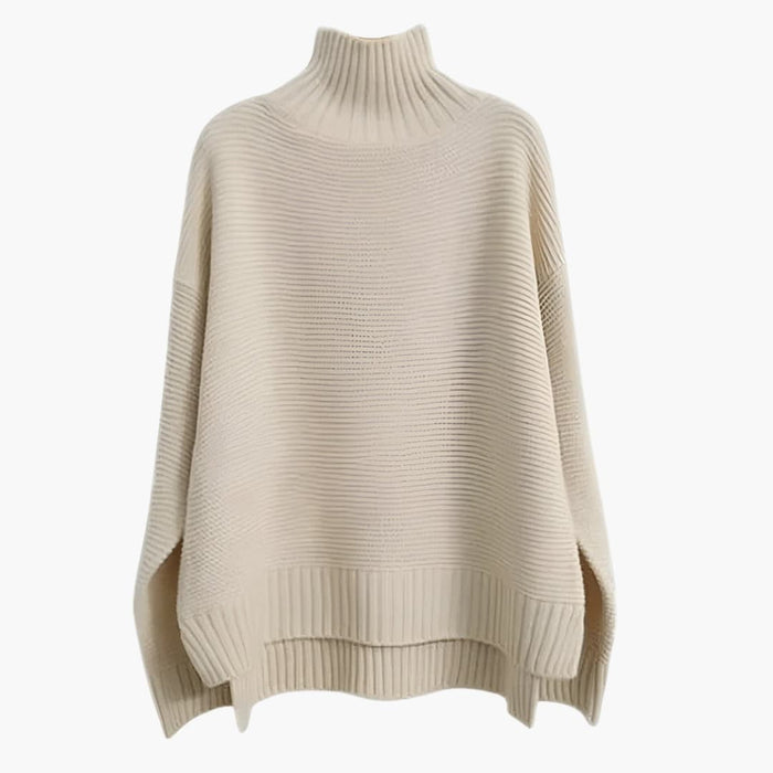 Dame Turtleneck Strikkegenser med Ribbet Overflate og Avslappet Hem