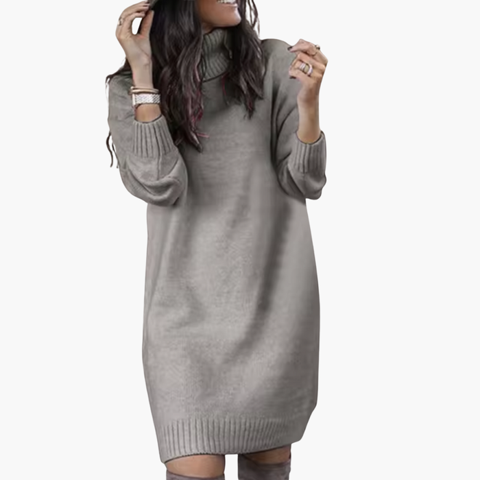 Dame Turtleneck Genserkjole med Lange Ermer og Ribbestrikket Kant