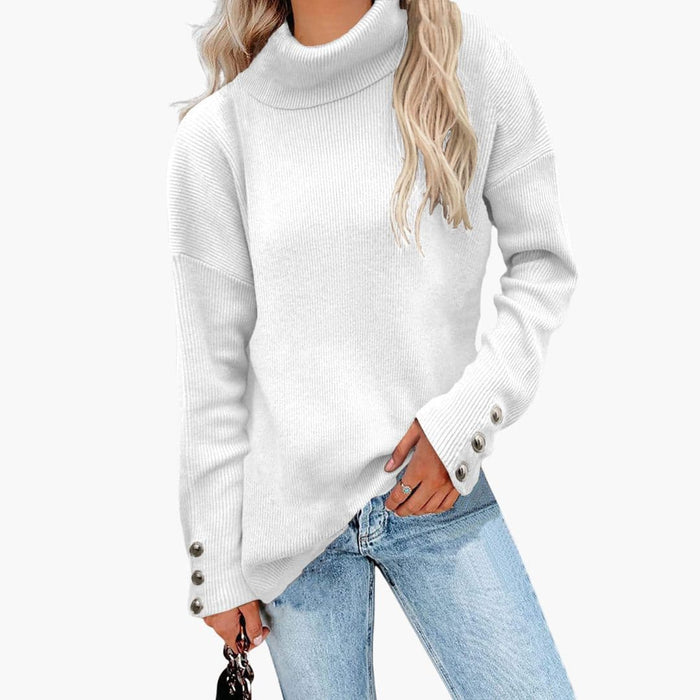 Dame Turtleneck Genser med Knapper ved Ermet