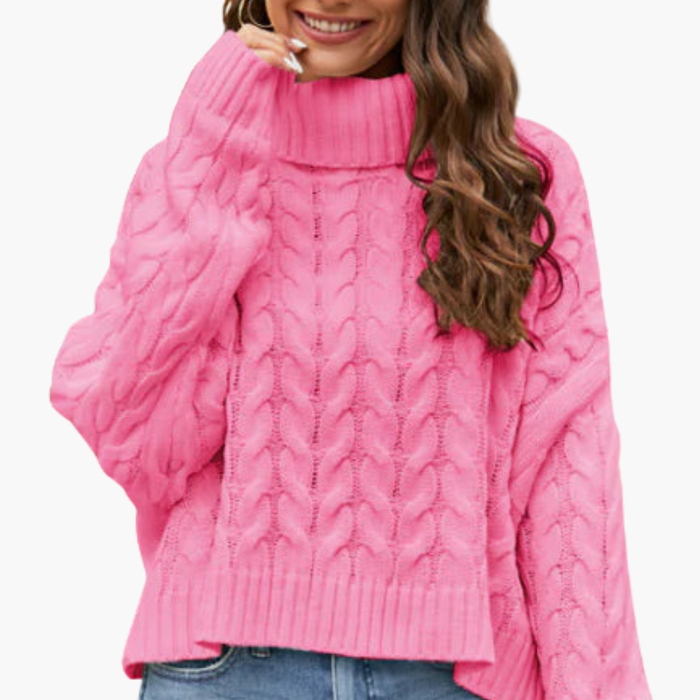 Dame Turtleneck Genser med Kabelstrikkmønster og Lange Ermer