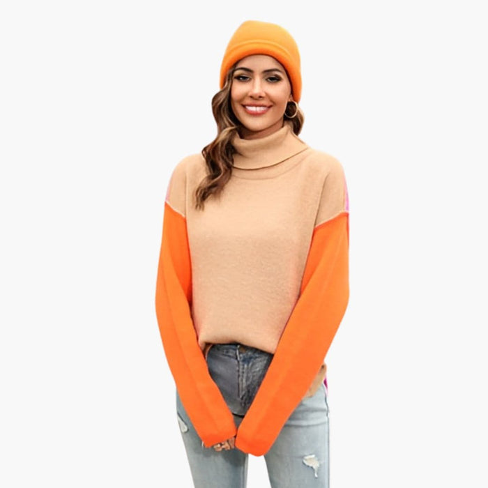 Dame Turtleneck Genser med Fargede Blokker på Ermene
