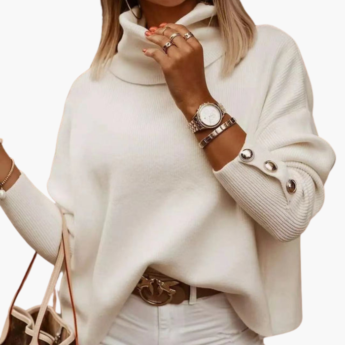Dame Turtleneck Genser med Dekorative Ermeknapper og Lange Ermer