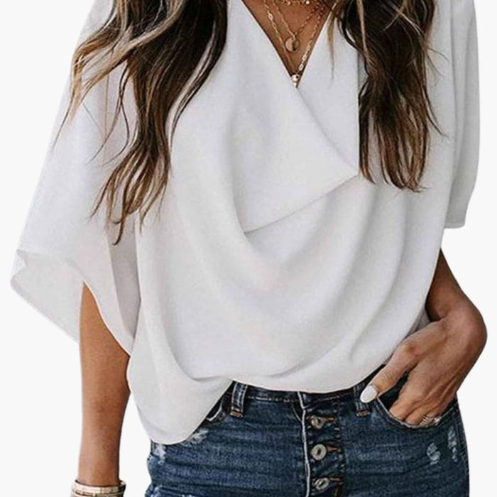 Dame V-hals Bluse med Flaggermusermarmer