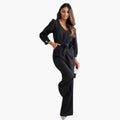Dame V-hals Jumpsuit med Justerbart Belte – Langermet Én-delt