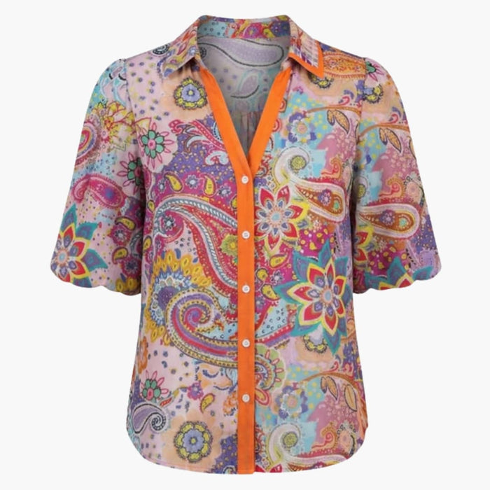 Dame V-hals Trykt Bluse – Vevd Langermet Pullover Topp