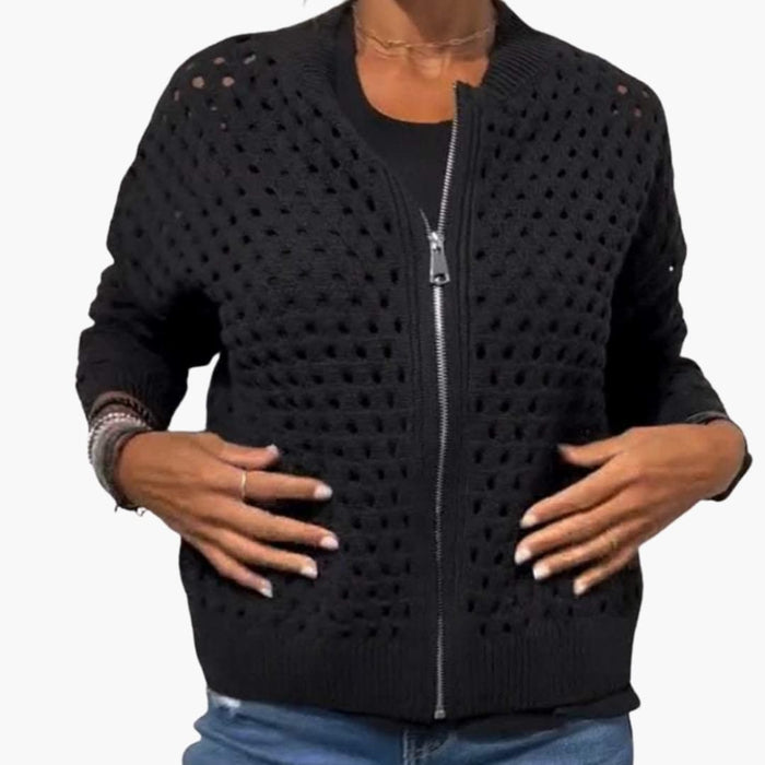 Dame Cardigan med Glidelås og Utskjæring Strikk